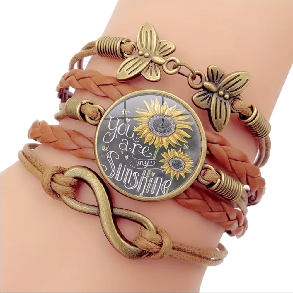 You are my sunshine sunflower butterfly multilayer faux leather braided bracelet
